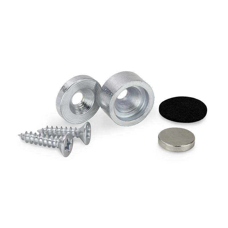 Dva stříbrné šrouby, dva kovové kroužky, černý plstěný materiál a malý kovový magnet na bílém pozadí.
