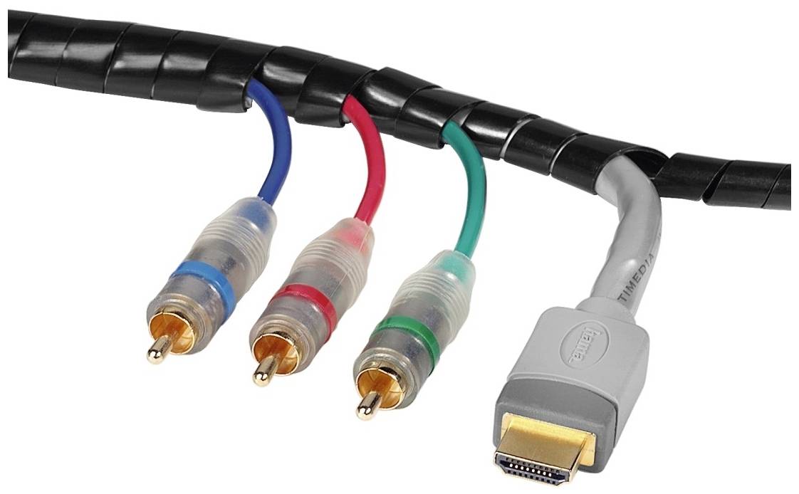 HDMI kabel a tři RCA konektory (modré, červené, zelené) pro přenos audio a video signálů.