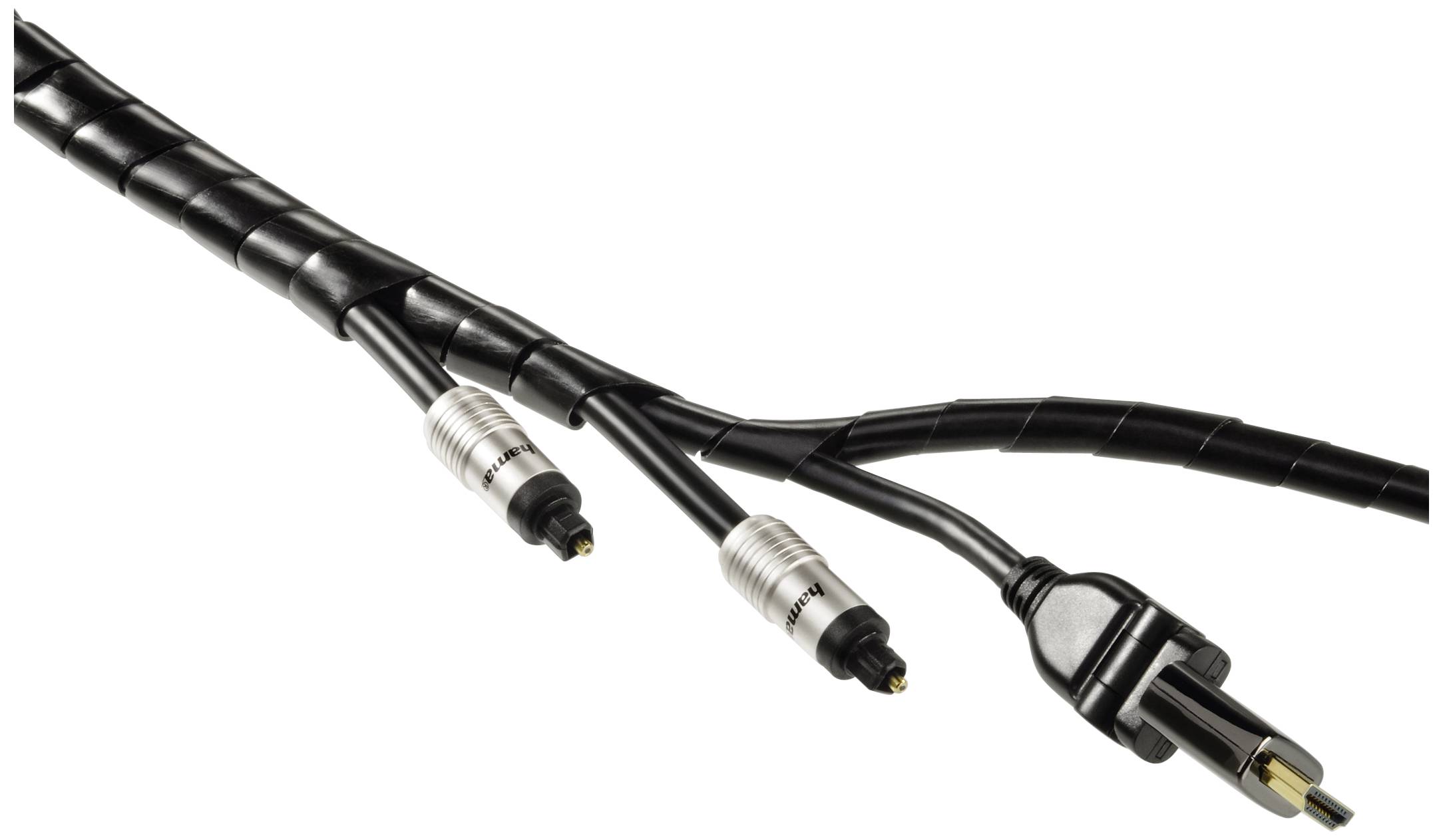 Černý elektrický kabel se třemi konci: dva koaxiální konektory a jeden konektor pro napájení, na bílém pozadí.