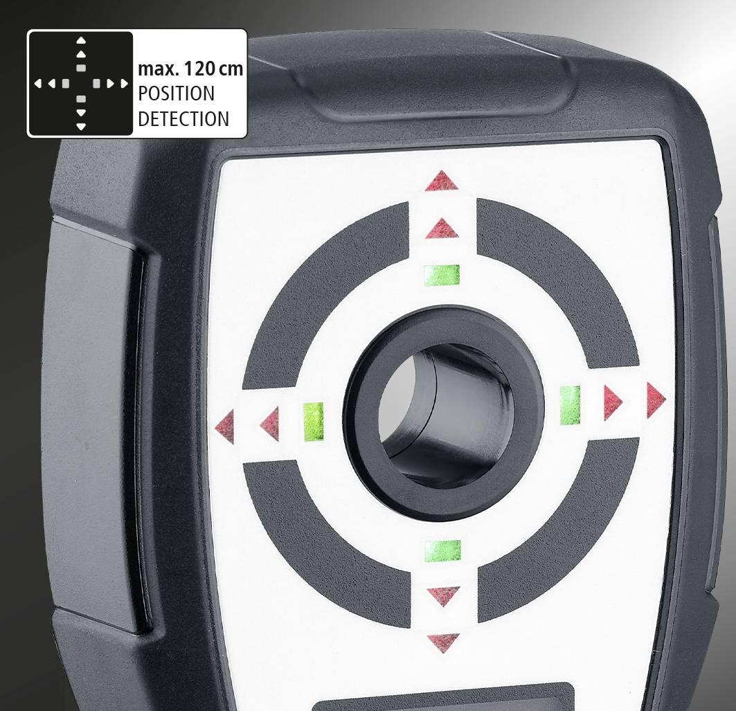 Senzor s dírou uprostřed průměru, obklopený čtyřmi šipkami a červenými a zelenými značkami. Maximální detekce polohy: 120 cm.
