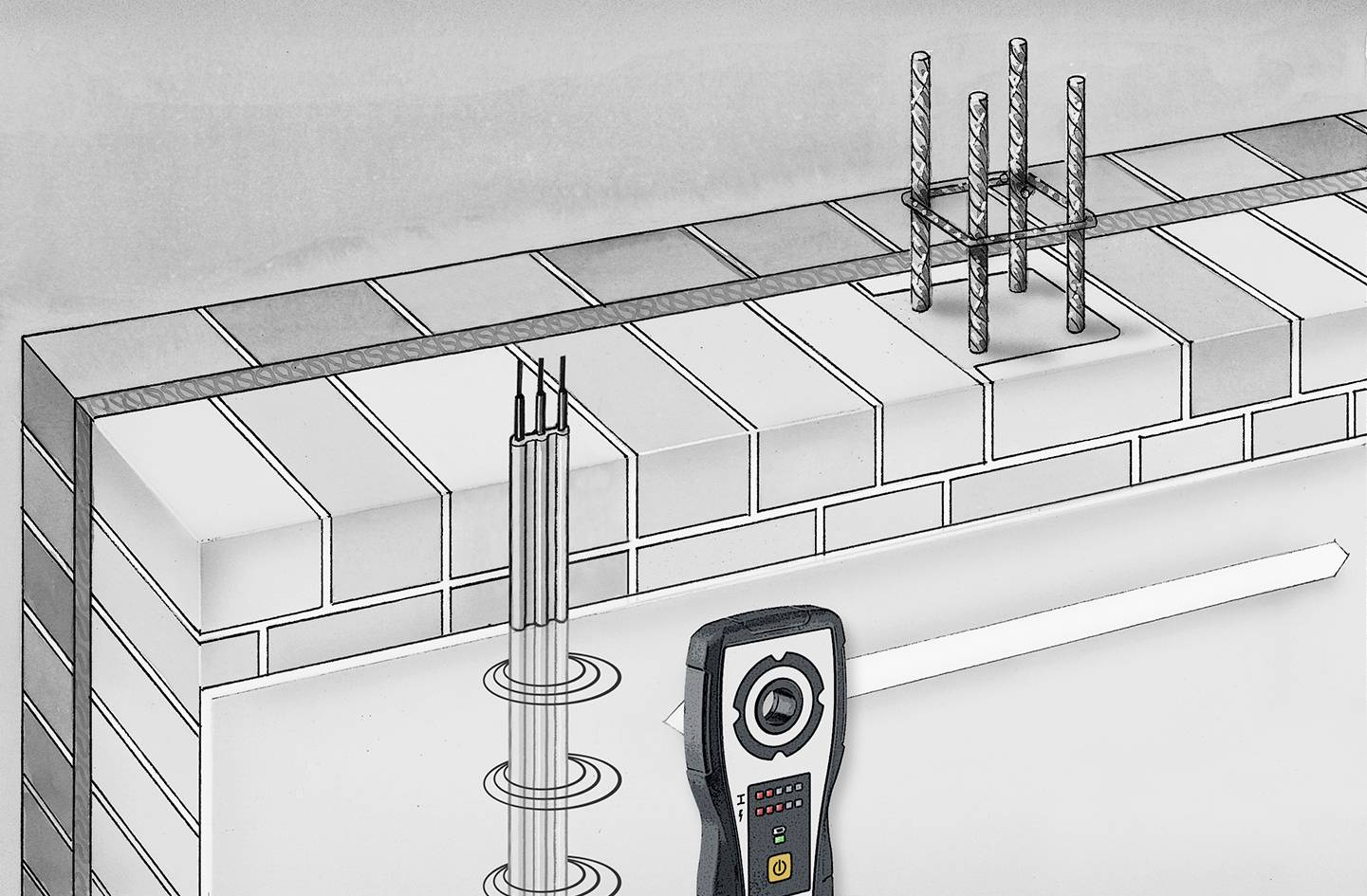Kresba zobrazuje strukturu zdiva s konstrukčními prvky, jako jsou ocelové nosníky a kabely, včetně měřicího přístroje pro lokalizaci.