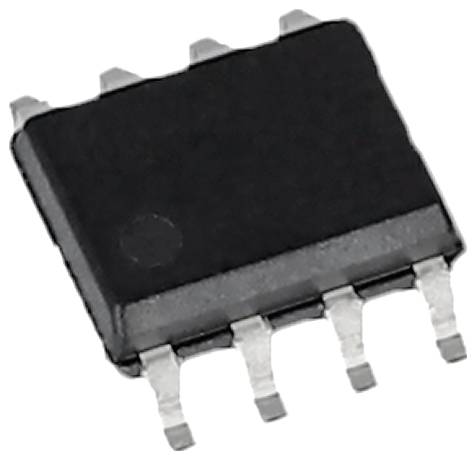 Detailní záběr elektronického mikročipu s několika piny na bílém pozadí.