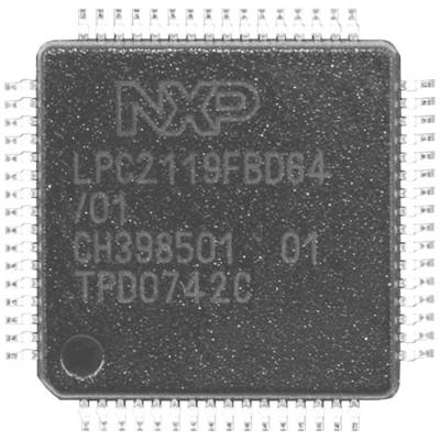 Mikročip s nápisem 'NXP LPC2119FBD64' obklopený malými kovovými piny.