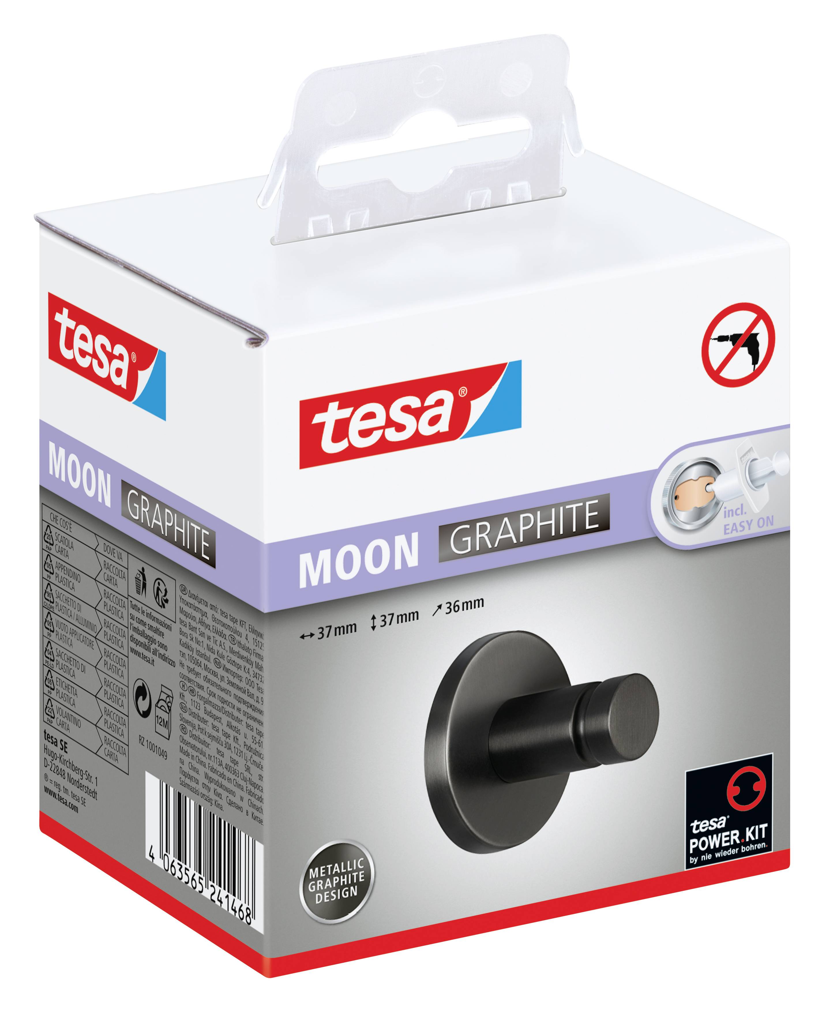 Obal samolepicího nástěnného háčku značky 'tesa', model 'Moon Graphite', v metalicky černé barvě.
