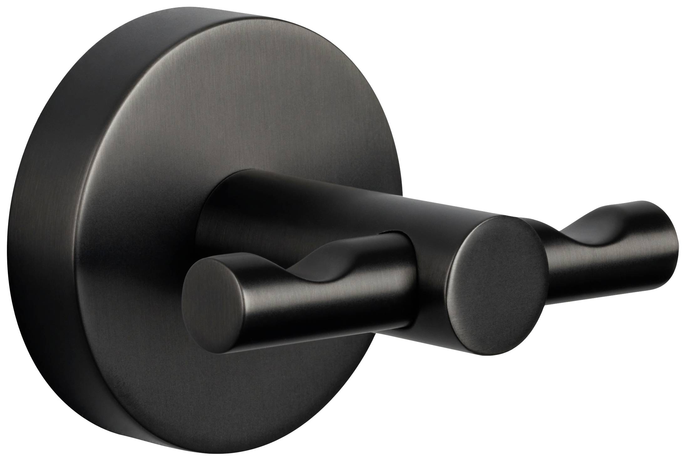 Černý kulatý nástěnný háček se dvěma háky. Elegantní, moderní design, vhodný pro zavěšení kabátů nebo ručníků.