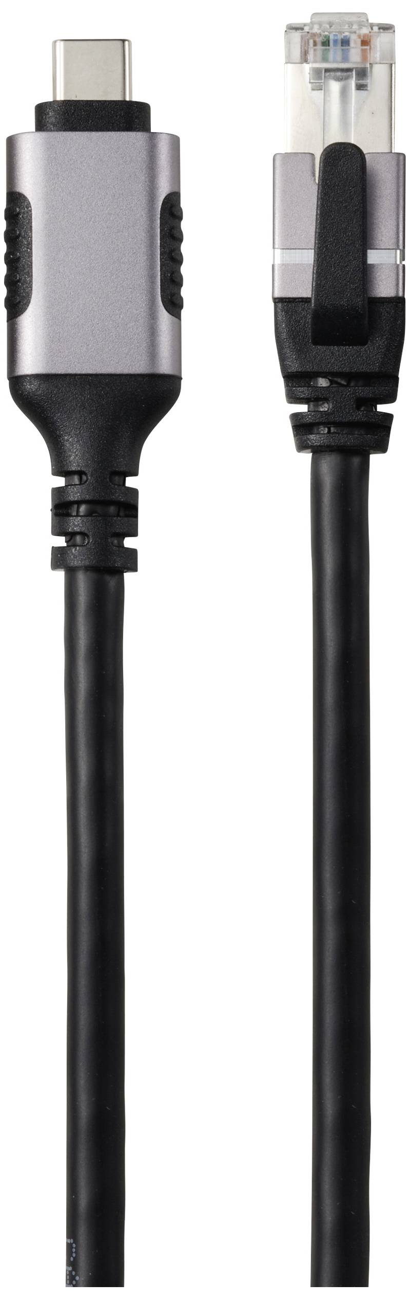 Na obrázku jsou dvě kabely: vlevo kabel USB-C a vpravo ethernetový kabel, oba s černým pláštěm.