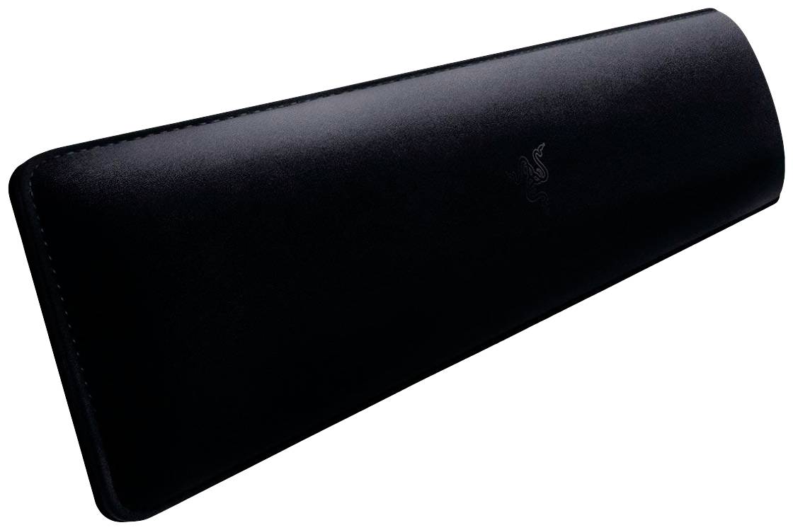 Černý kožený polštářek na dlaň obdélníkového tvaru, mírně klenutý pro ergonomický komfort.