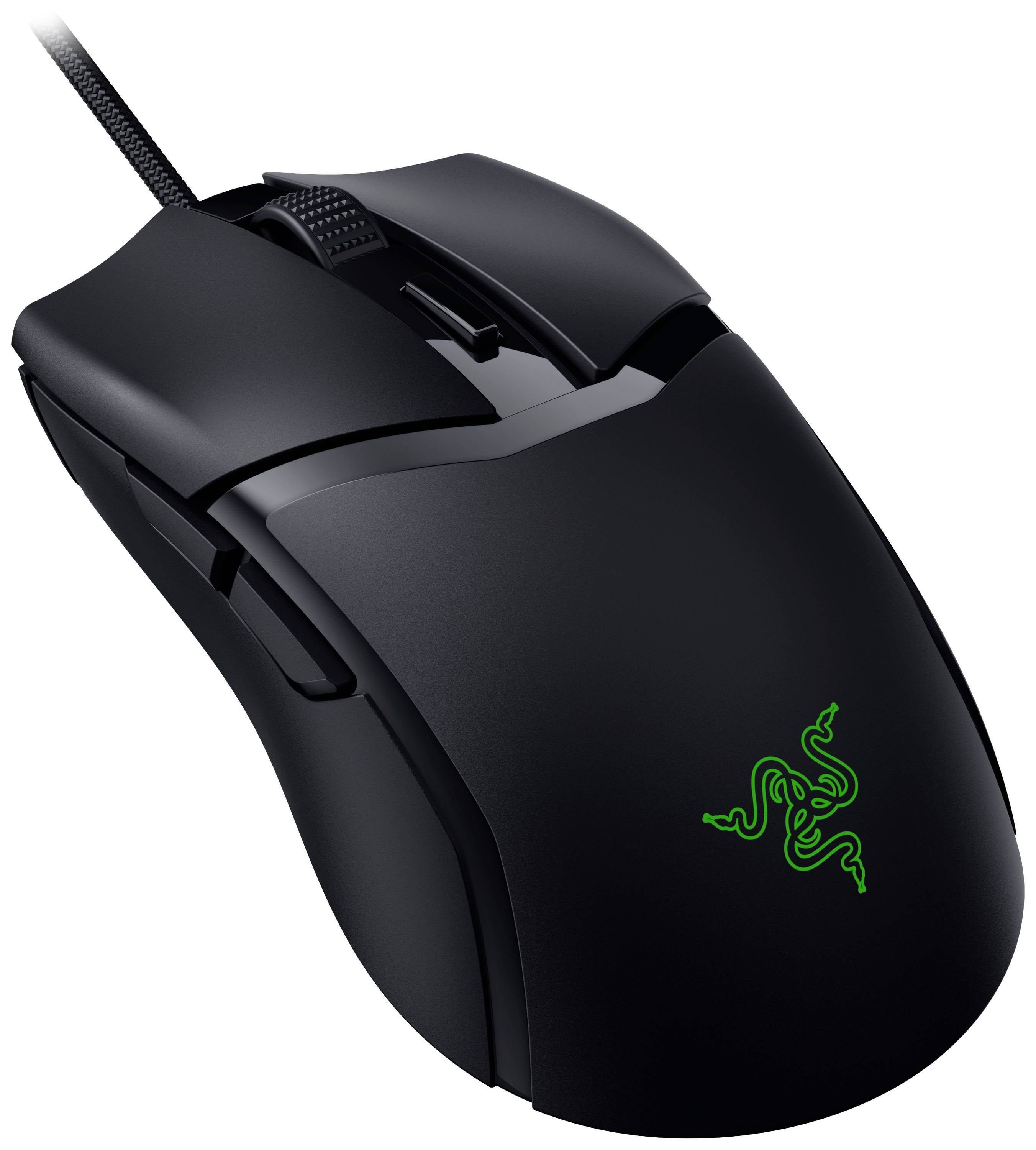 Černá počítačová myš s zeleným logem, ergonomický design, několik funkčních tlačítek, vhodná pro hraní her nebo kancelářskou práci.