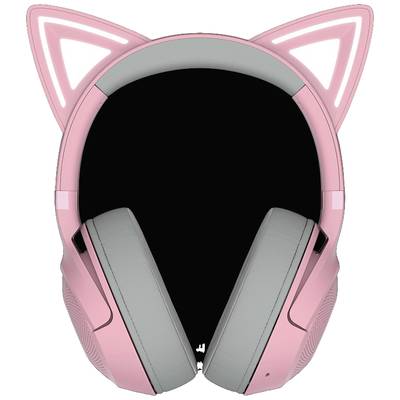 Růžová sluchátka ve tvaru kočky s osvětlenými LED ušima na černém pozadí.