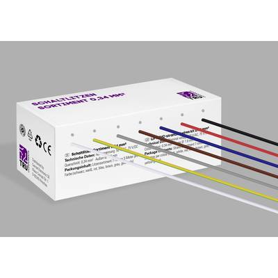 Bílá krabice s nápisem 'Sortiment propojovacích vodičů 0,24-1 mm²'. Z krabice vedou barevně značené kabely.