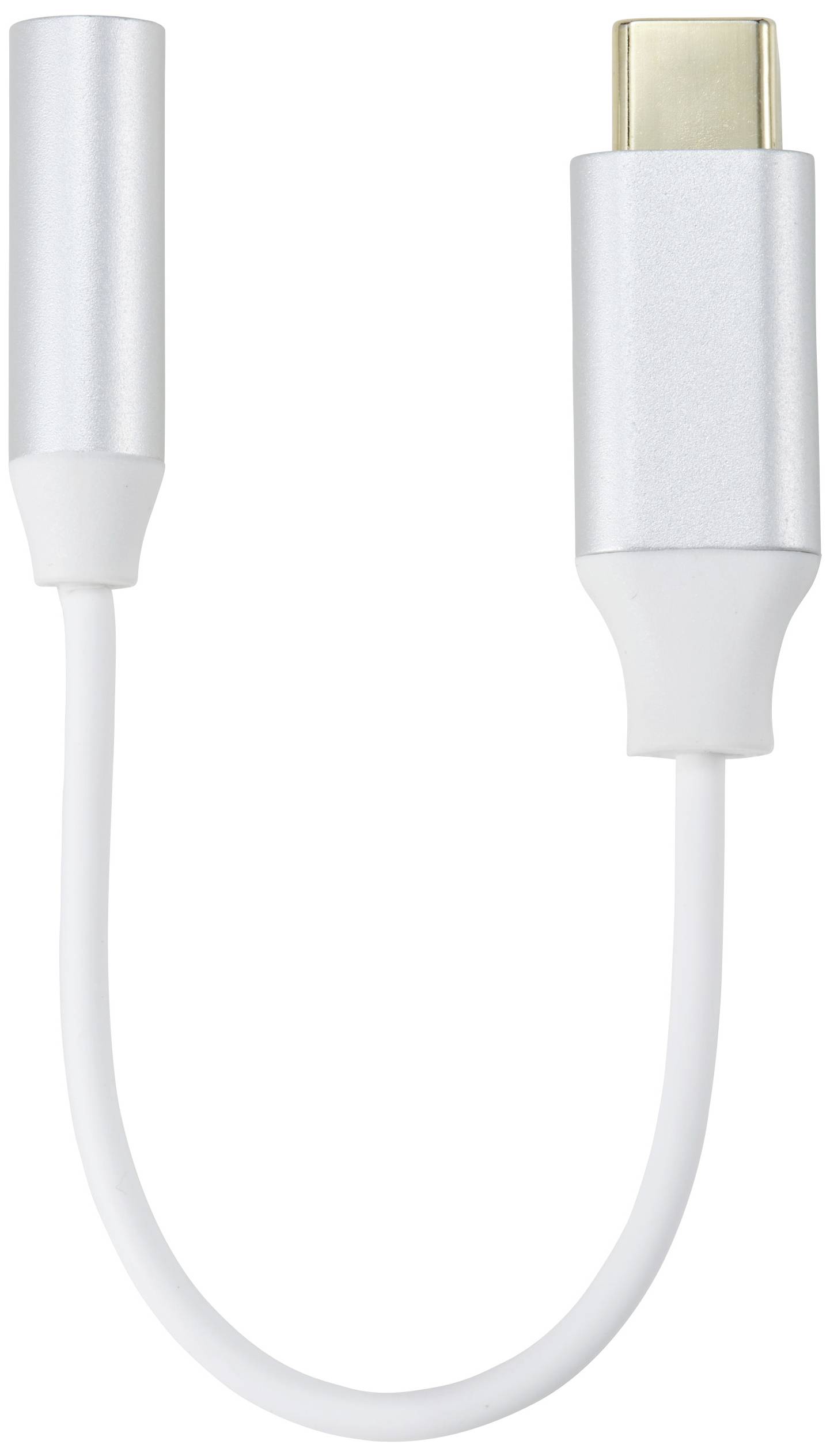 USB-C na 3,5mm audio adaptér se stříbrnými konektory a bílým kabelem.