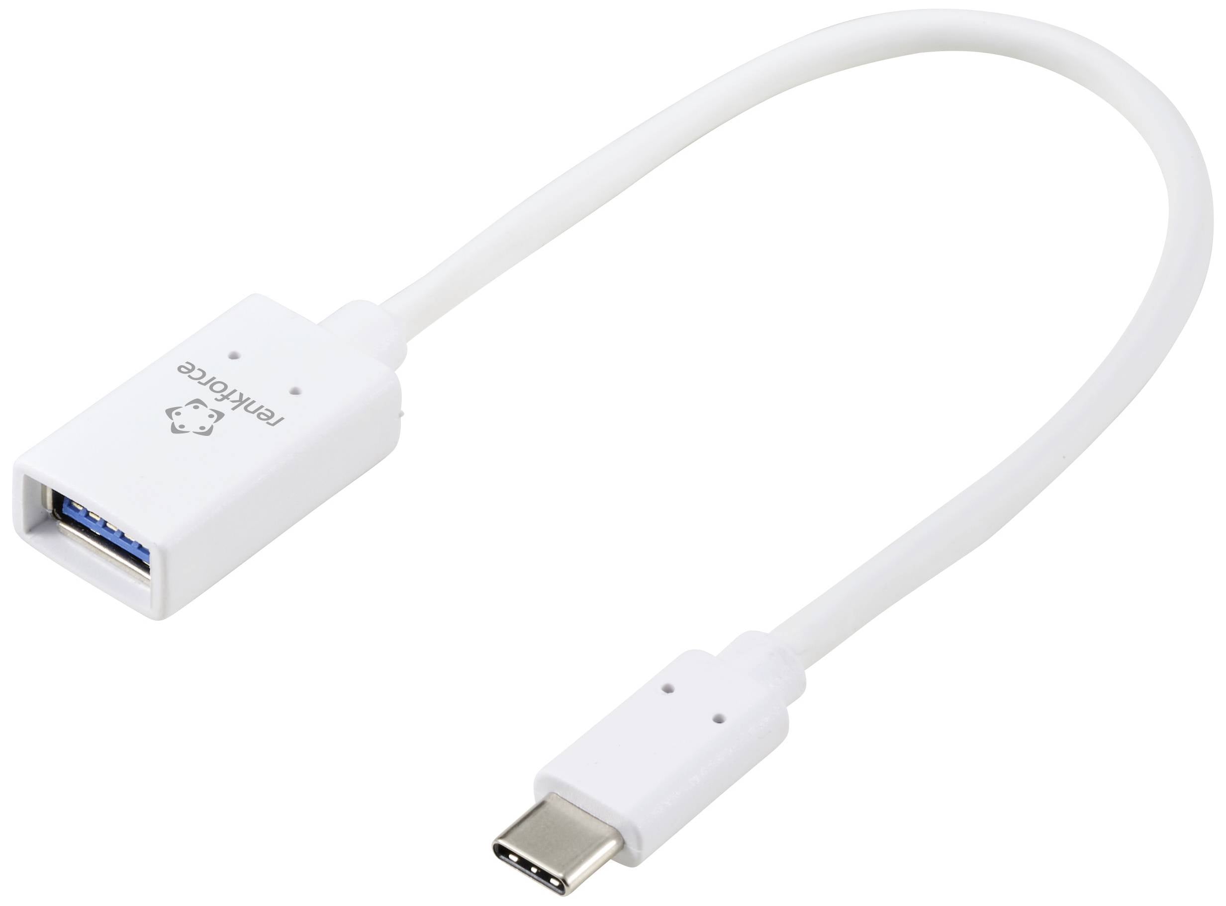Bílý USB-C na USB-A kabel, vhodný pro propojení zařízení s různými typy USB portů.