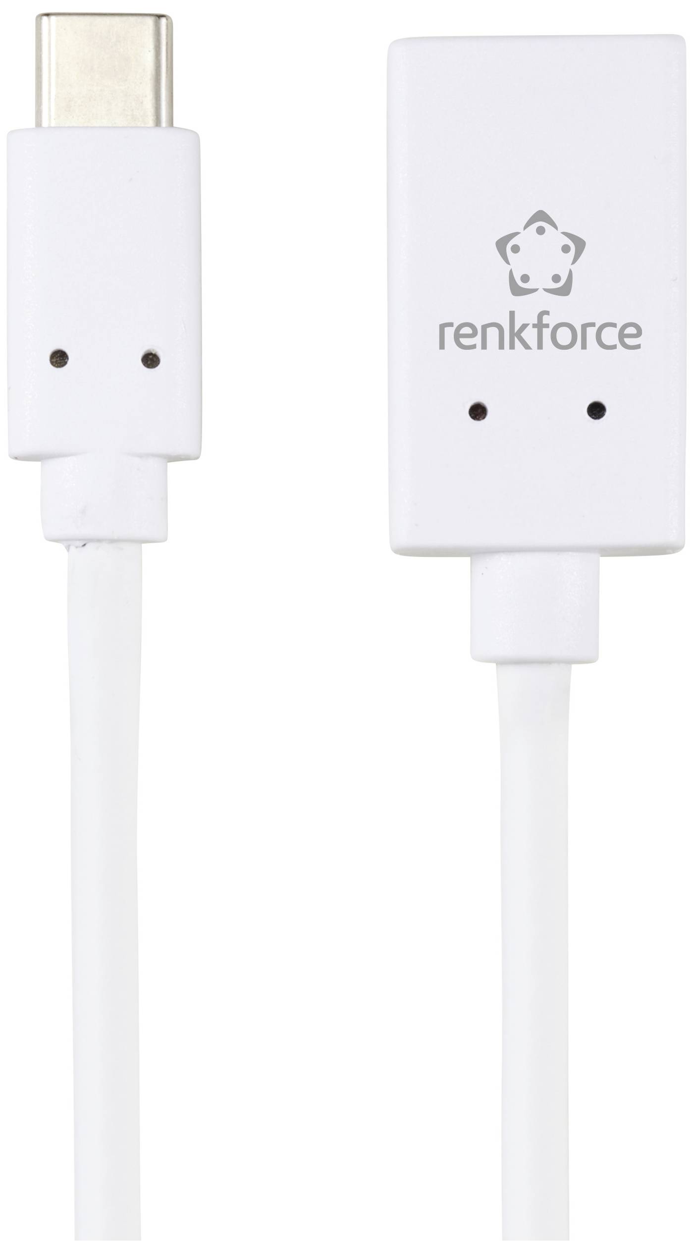 Adaptační kabel USB-C na HDMI v bílé barvě od značky Renkforce, vlevo konektor USB-C, vpravo adaptér HDMI.