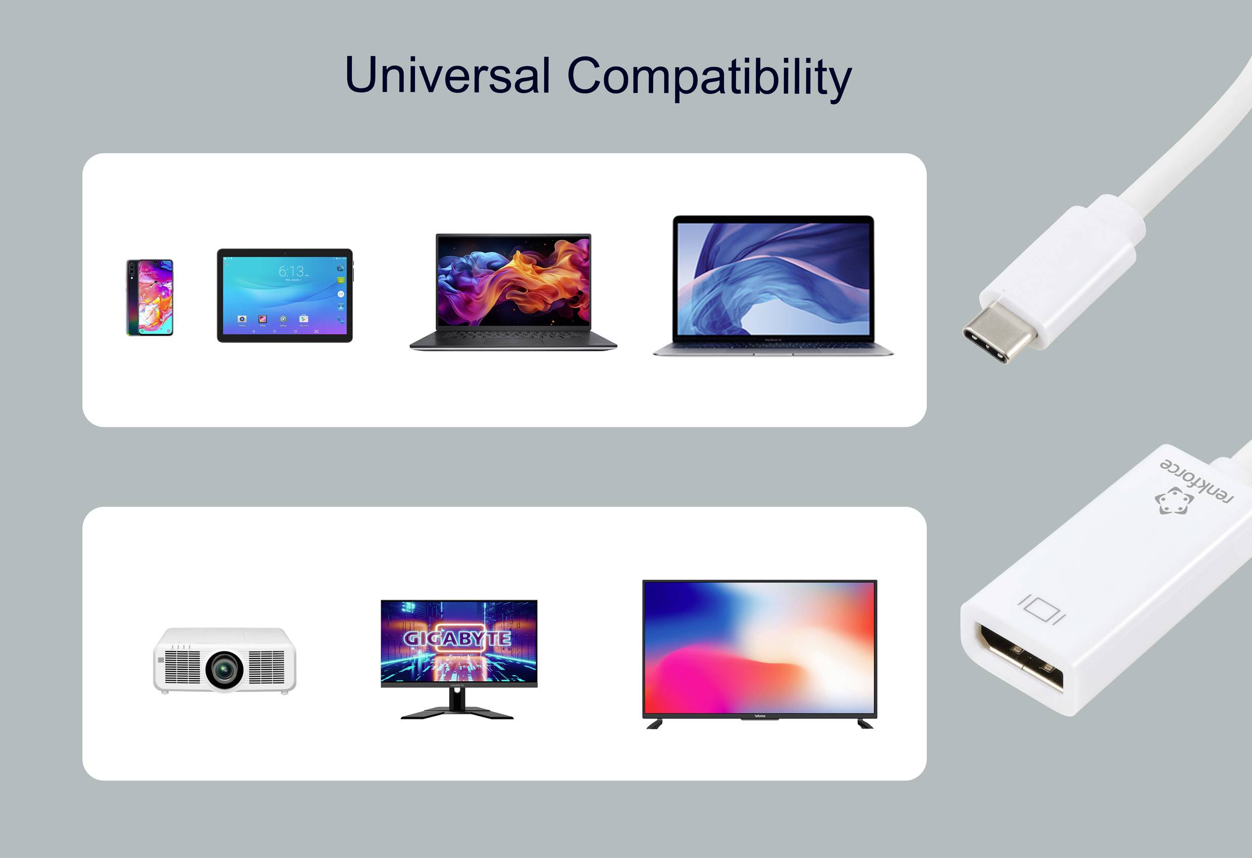 USB-C na HDMI adaptér vykazuje kompatibilitu s různými zařízeními, včetně chytrých telefonů, tabletů, laptopů, projektorů, monitorů a televizorů.