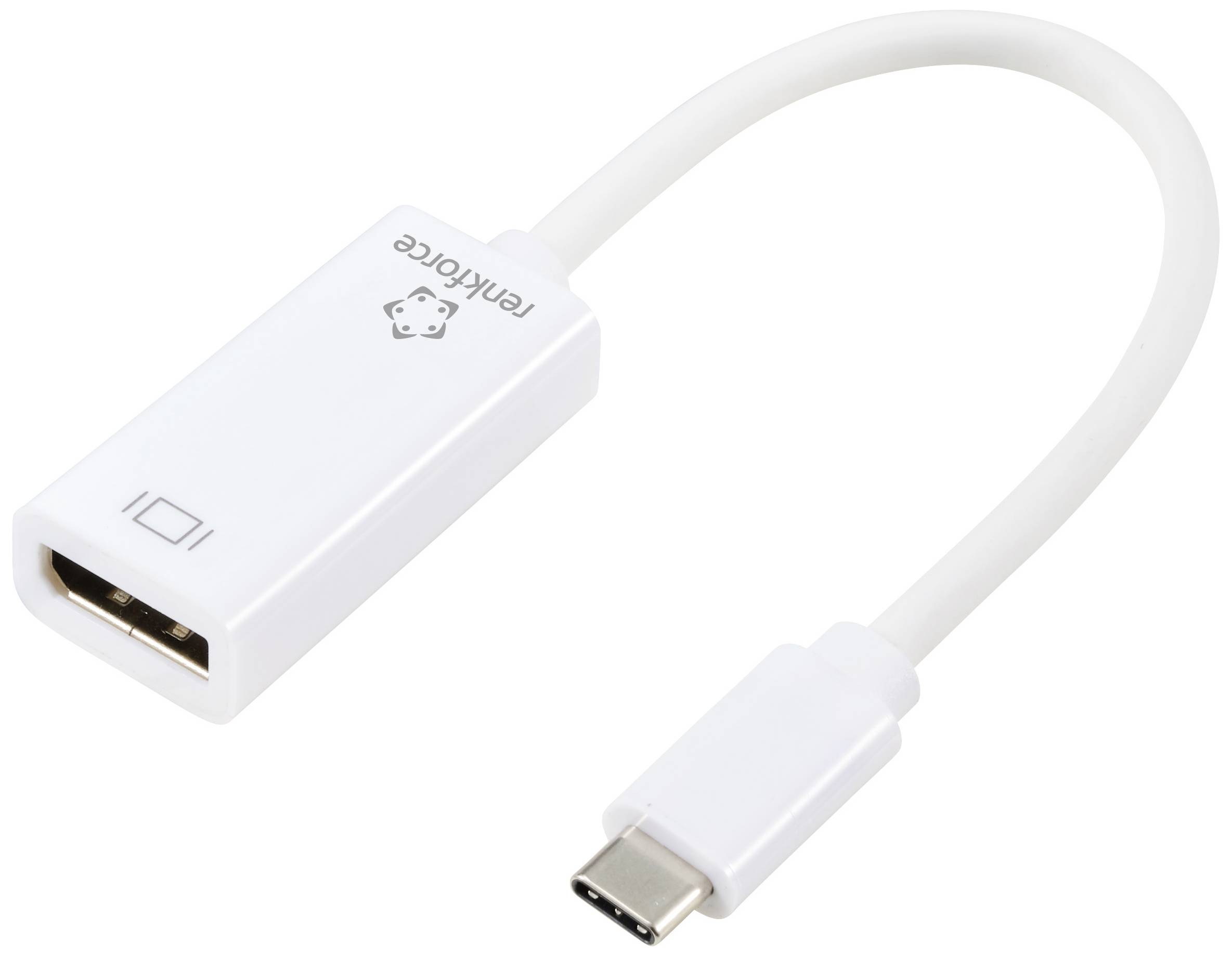 Bílý adaptér s USB-C konektorem na jedné straně a HDMI výstupem na straně druhé, který se používá pro přehrávání videa.
