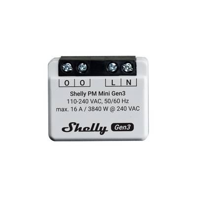 Zařízení Shelly PM Mini Gen3 s konektory pro kabelové připojení. Štítek uvádí napětí a proud: '110-240 VAC, 50/60 Hz, max. 16 A / 3840 W @ 240 VAC'.
