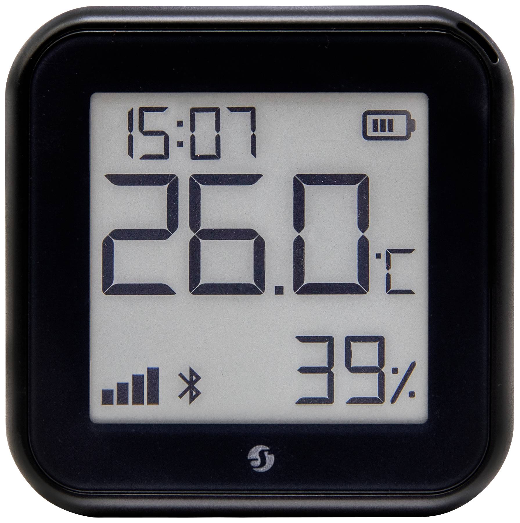 Digitální teploměr ukazuje 26,0°C, čas 15:07. Připojení přes Bluetooth, stav baterie 39%.