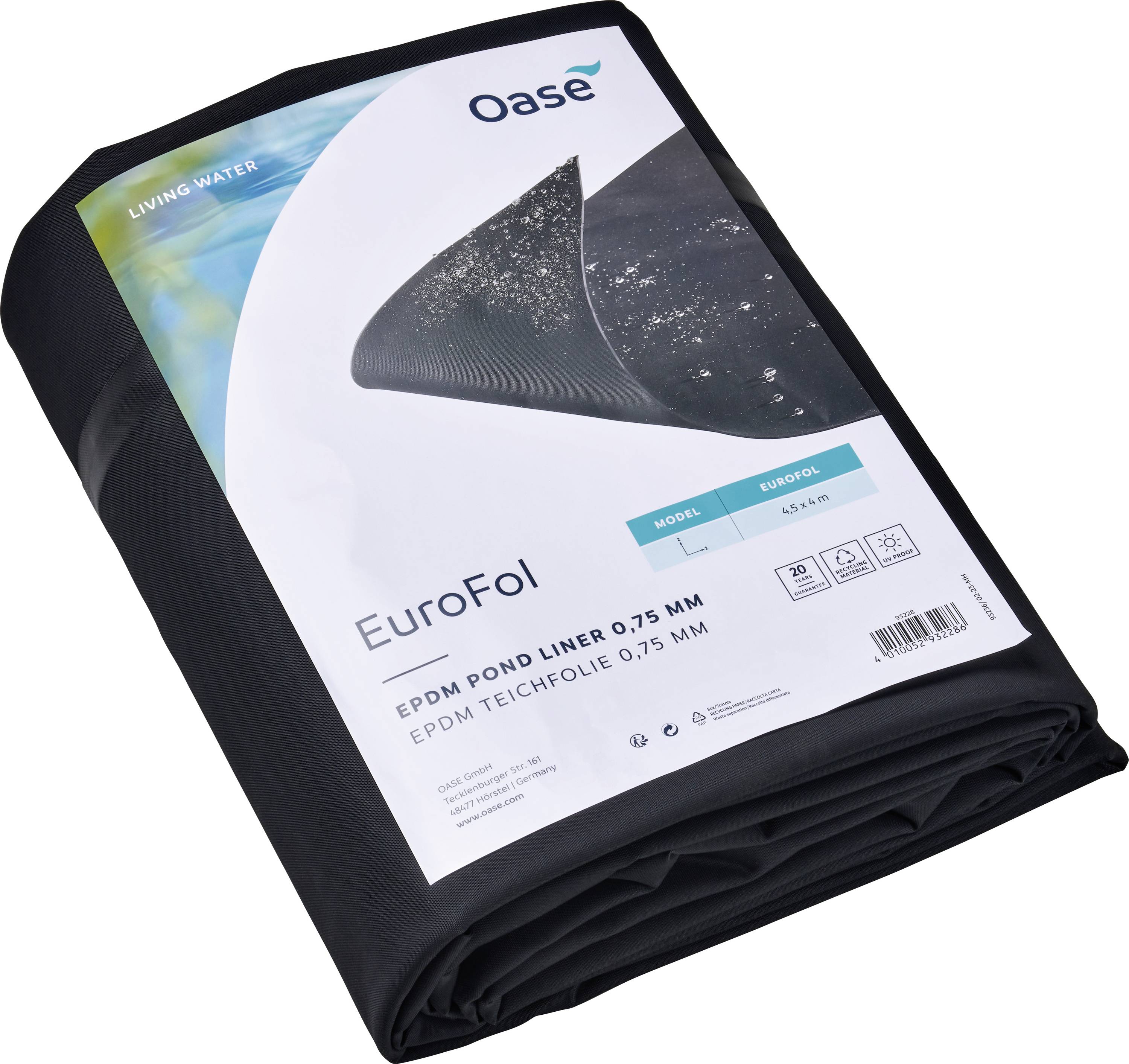 'EuroFol EPDM jezírkový plášť, tloušťka 0,75 mm, od společnosti Oase. Složený plášť v obalu zobrazujícím produktové informace a logo značky.'
