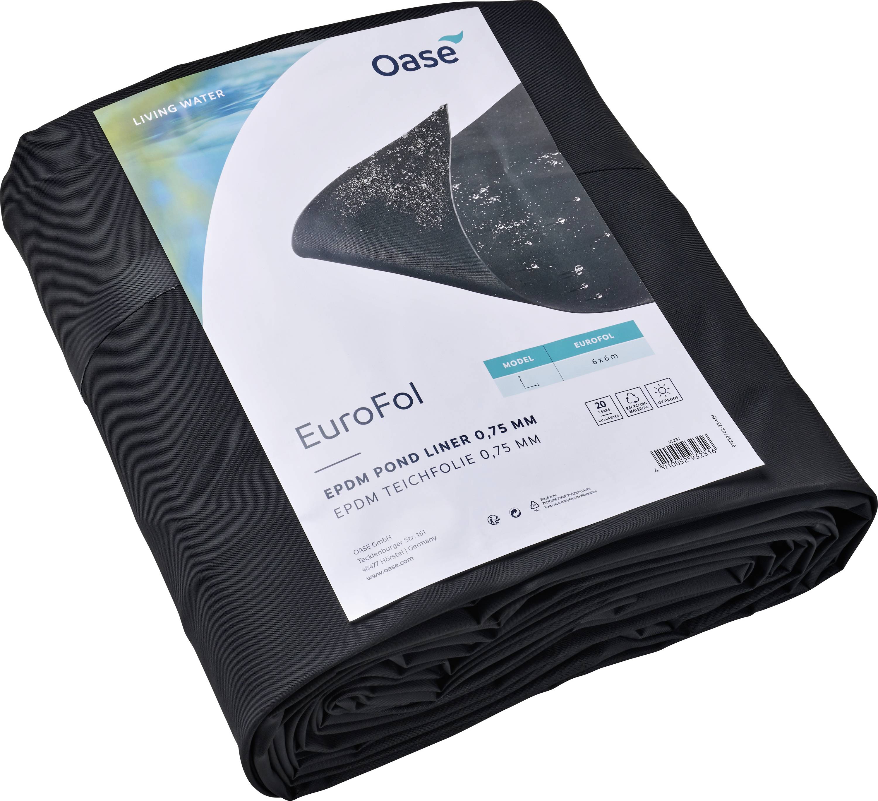 Balení fólie Oase EuroFol EPDM do jezírka, tloušťky 0,75 mm, složené a zobrazené s etiketou ukazující detaily výrobku a loga.