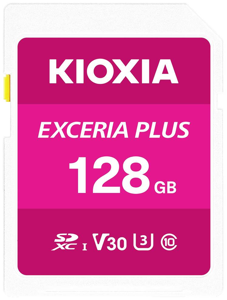 Paměťová karta Kioxia Exceria Plus 128 GB, SDXC, třída U3, V30, vhodná pro nahrávání Full HD.
