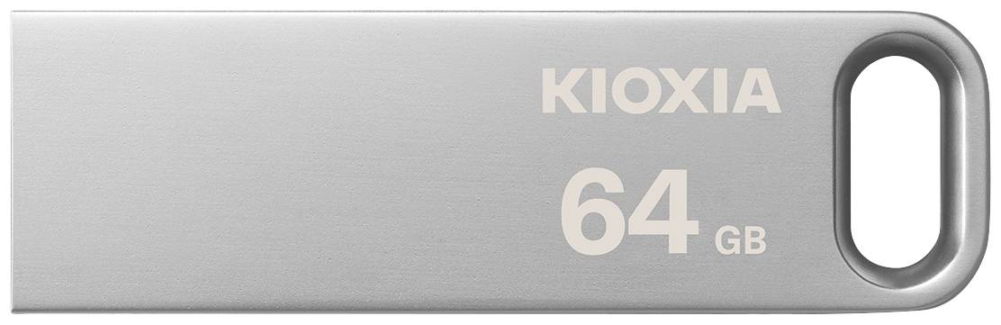 Stříbrný USB flash disk s nápisem 'Kioxia 64 GB'.