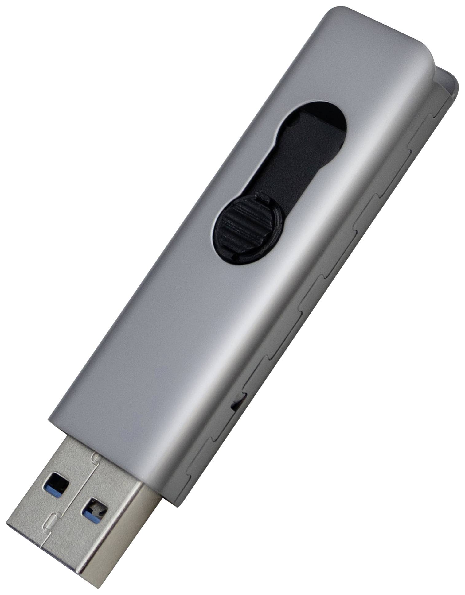 Stříbrný USB flash disk s posuvným ovladačem uprostřed. Flash disk má konektor USB-A.