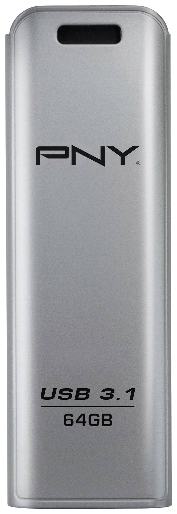Stříbrný USB flash disk s nápisem 'PNY USB 3.1 64GB'.