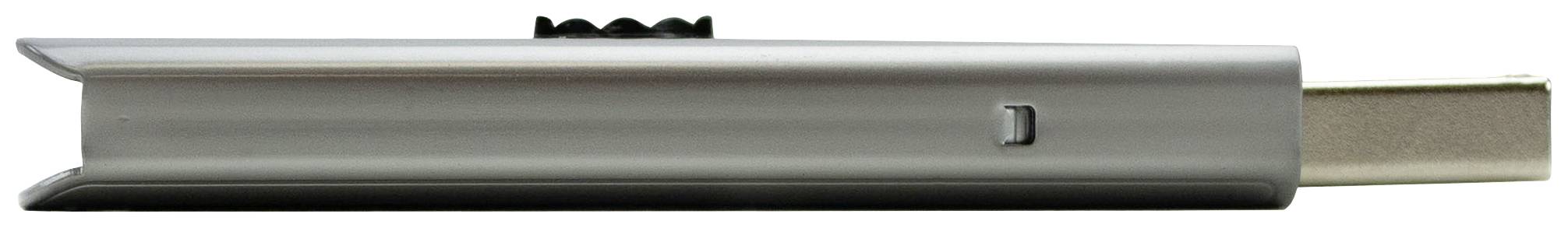 Stříbrný USB flash disk se zaoblenými, lesklými plochami a malým černým přepínačem na horní straně.