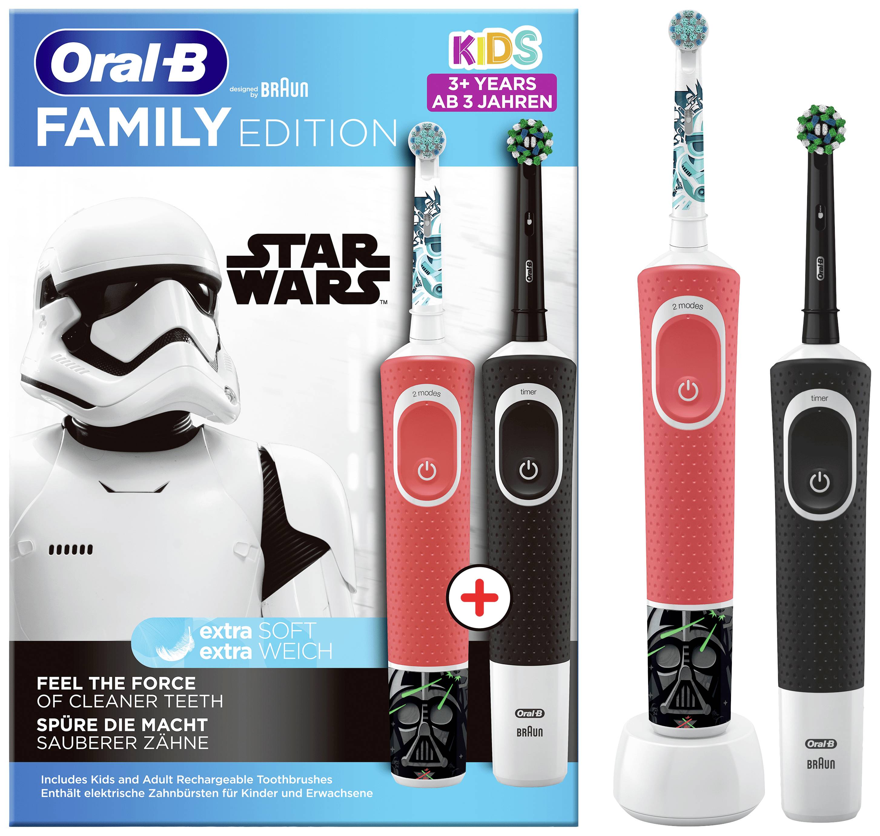 Elektrické zubní kartáčky ve stylu 'Star Wars', červený pro děti a černý pro dospělé. Obal zobrazuje Storm Troopera.