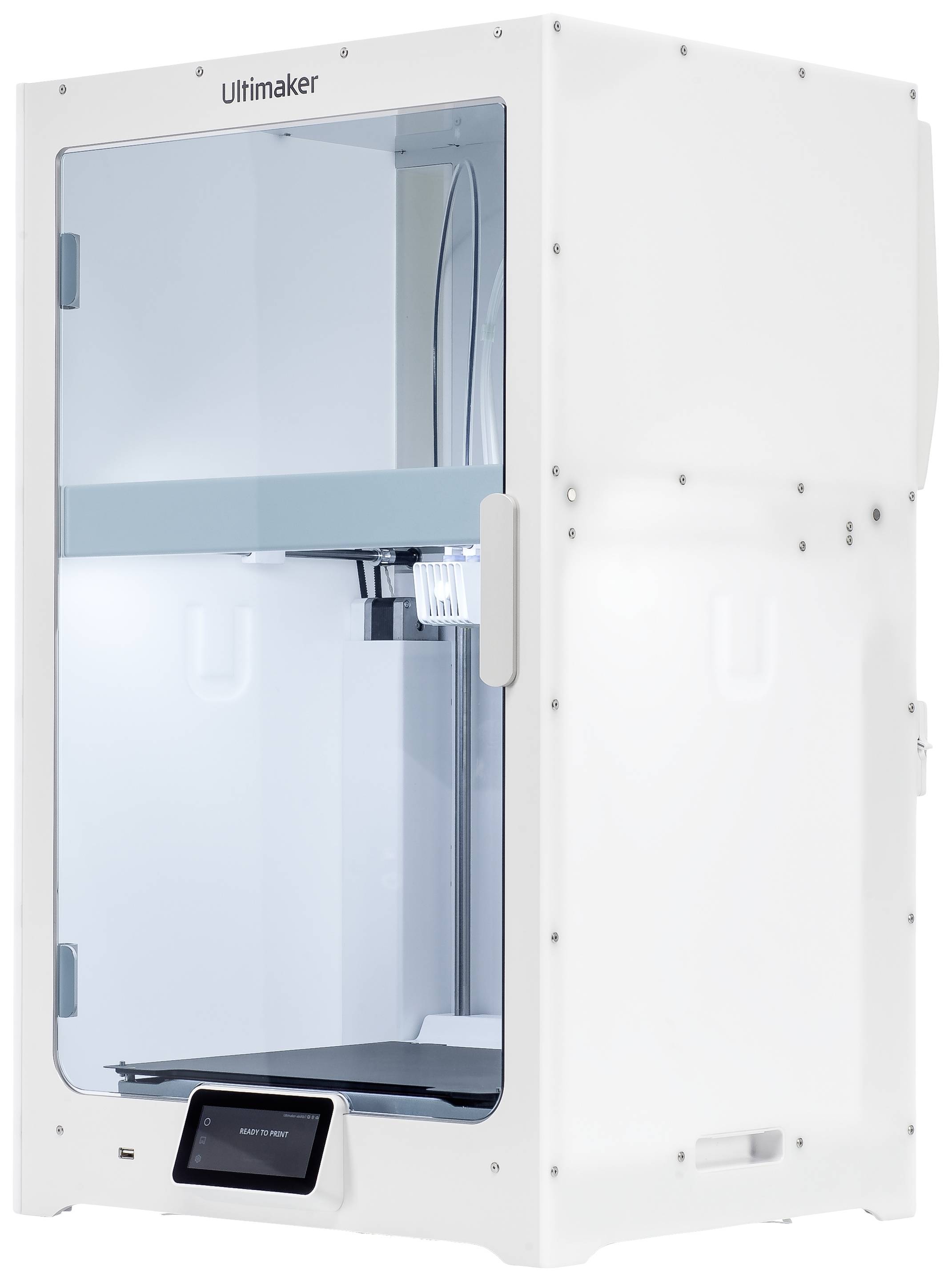 3D tiskárna značky Ultimaker s uzavřeným krytem. Hlavní pohled ukazuje skleněnou přední stranu s madlem dveří a ovládacím panelem dole. Vhodná pro přesné 3D tiskové projekty.