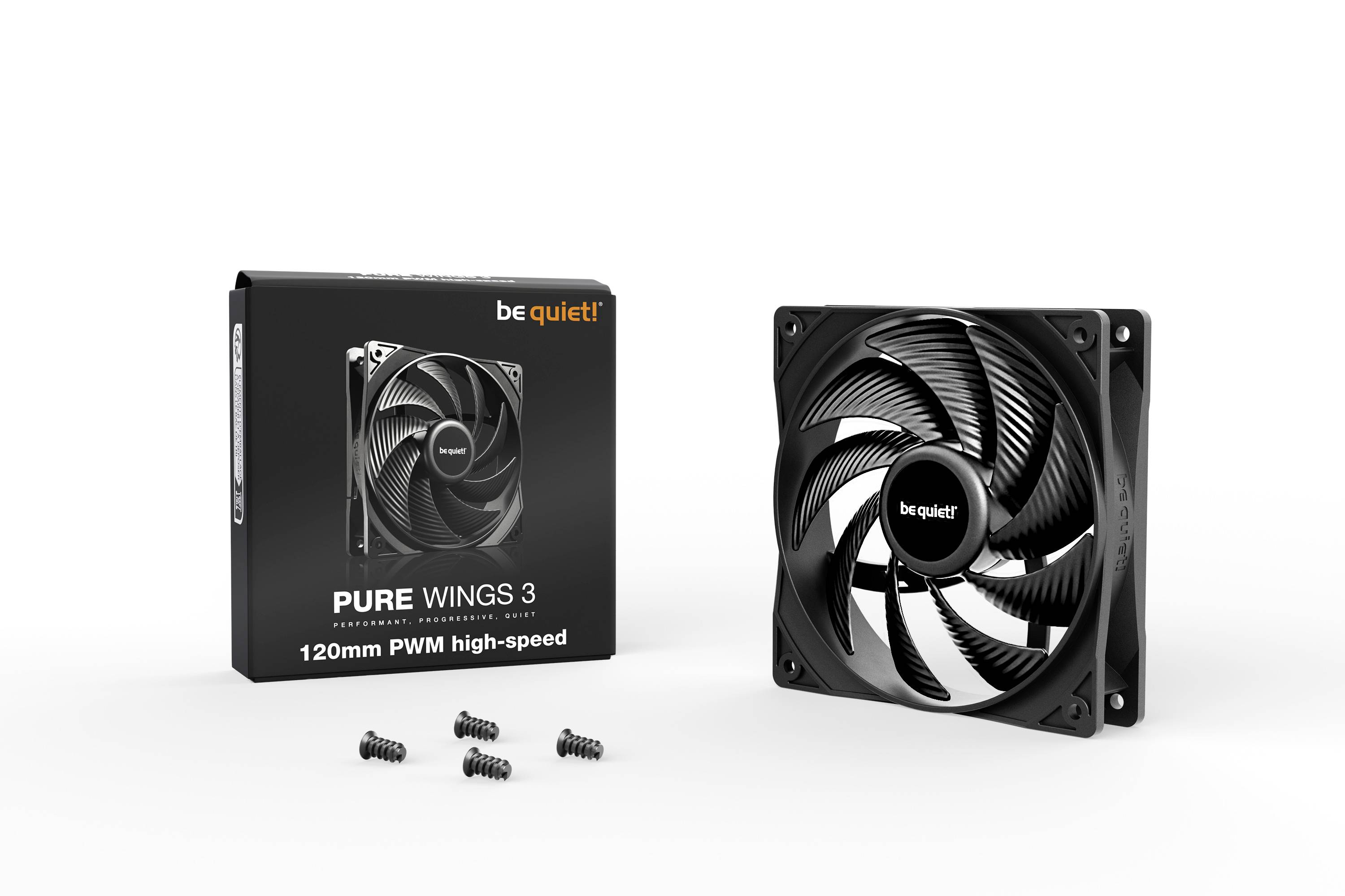 Větrák 'Be Quiet! Pure Wings 3' pro PC včetně balení a šroubů; 120 mm, PWM, vysokootáčkový, vhodný pro chlazení počítače.