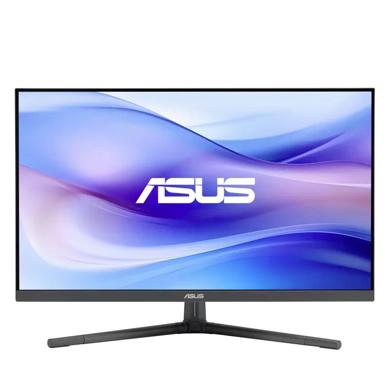 Monitor ASUS s elegantním designem zobrazuje abstraktní modrofialové pozadí na obrazovce.