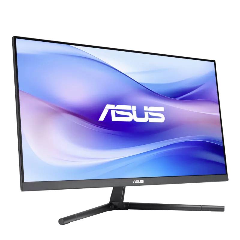 Počítačový monitor značky ASUS s elegantním designem a modro-fialovým vlnovým grafickým motivem na displeji.