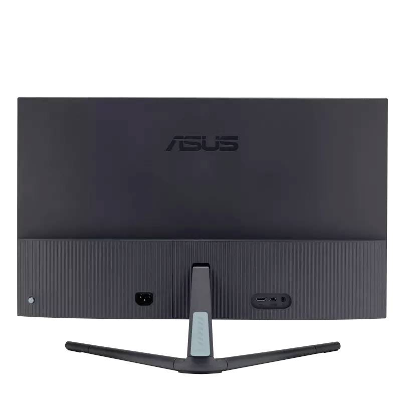 Zadní strana monitoru ASUS s vypnutou obrazovkou, aerodynamický stojan uprostřed.