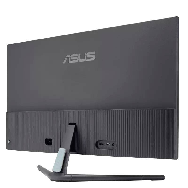 Pohled zezadu na černý monitor ASUS s viditelným uchycením pro nástěnnou montáž a konektory.