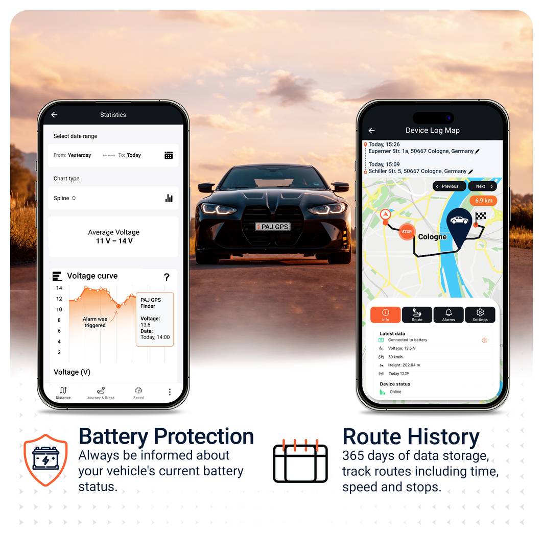 Propagační grafika pro auto-aplikaci: vlevo ochrana baterie se stavem baterie a průběhem napětí, vpravo úložiště trasy s mapovou trasou a jízdními údaji; uprostřed auto při západu slunce.