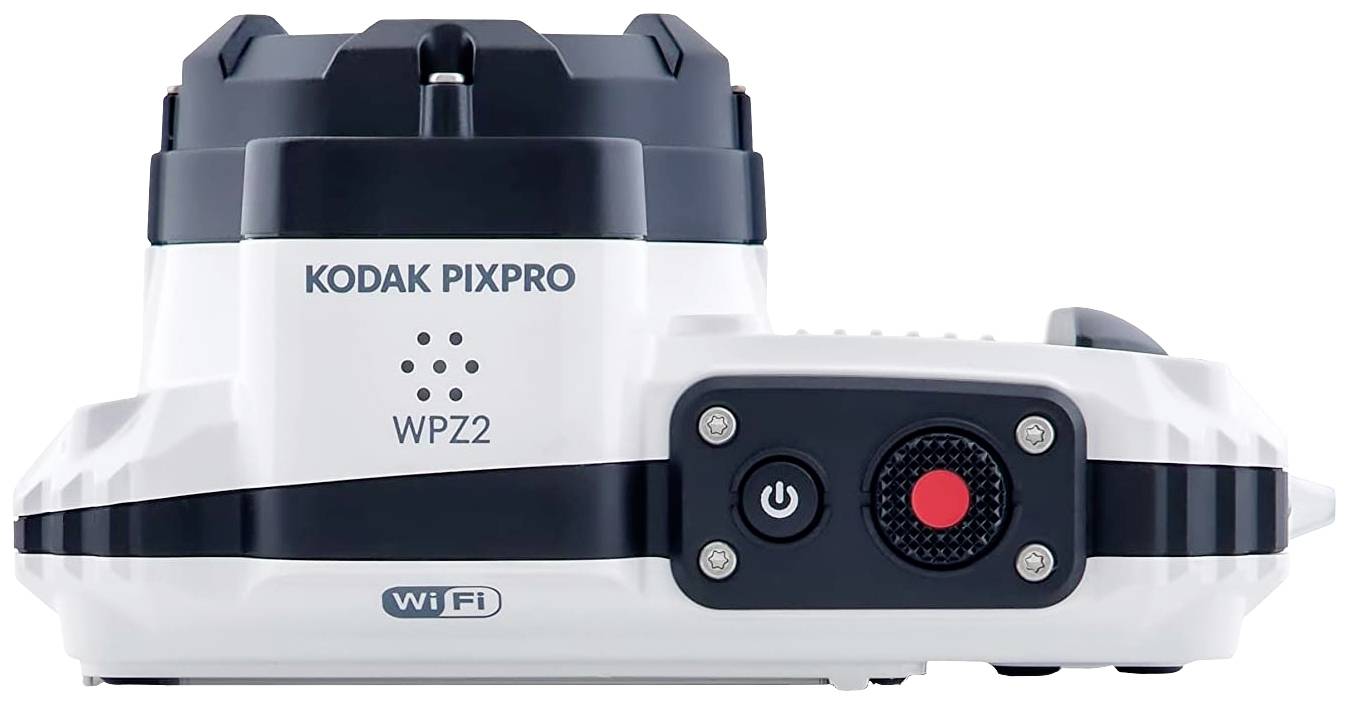 Voděodolná akční kamera Kodak Pixpro WPZ2 v bílé barvě s podporou WiFi, zadní strana s červeným tlačítkem pro nahrávání a vypínačem.