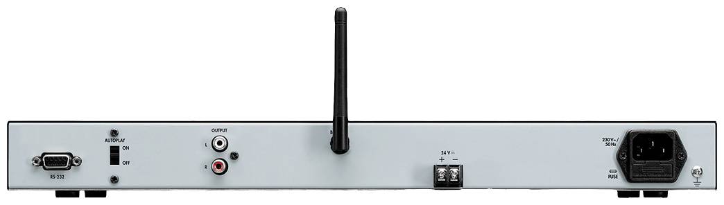 Zadní strana přijímacího zařízení s anténou, několika vstupními a výstupními konektory a síťovou přípojkou vpravo.
