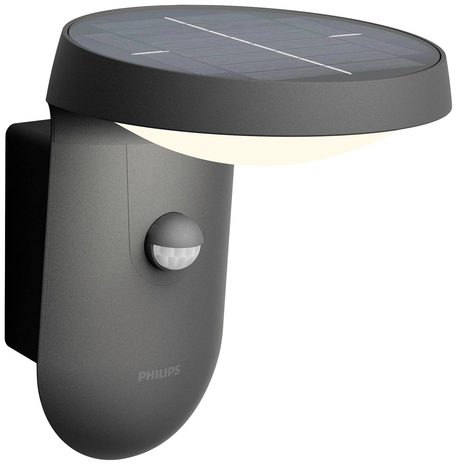 Solární lampa s kulatým, plochým povrchem a integrovaným pohybovým senzorem; určená pro montáž na stěnu. Značka 'Philips' na těle lampy.