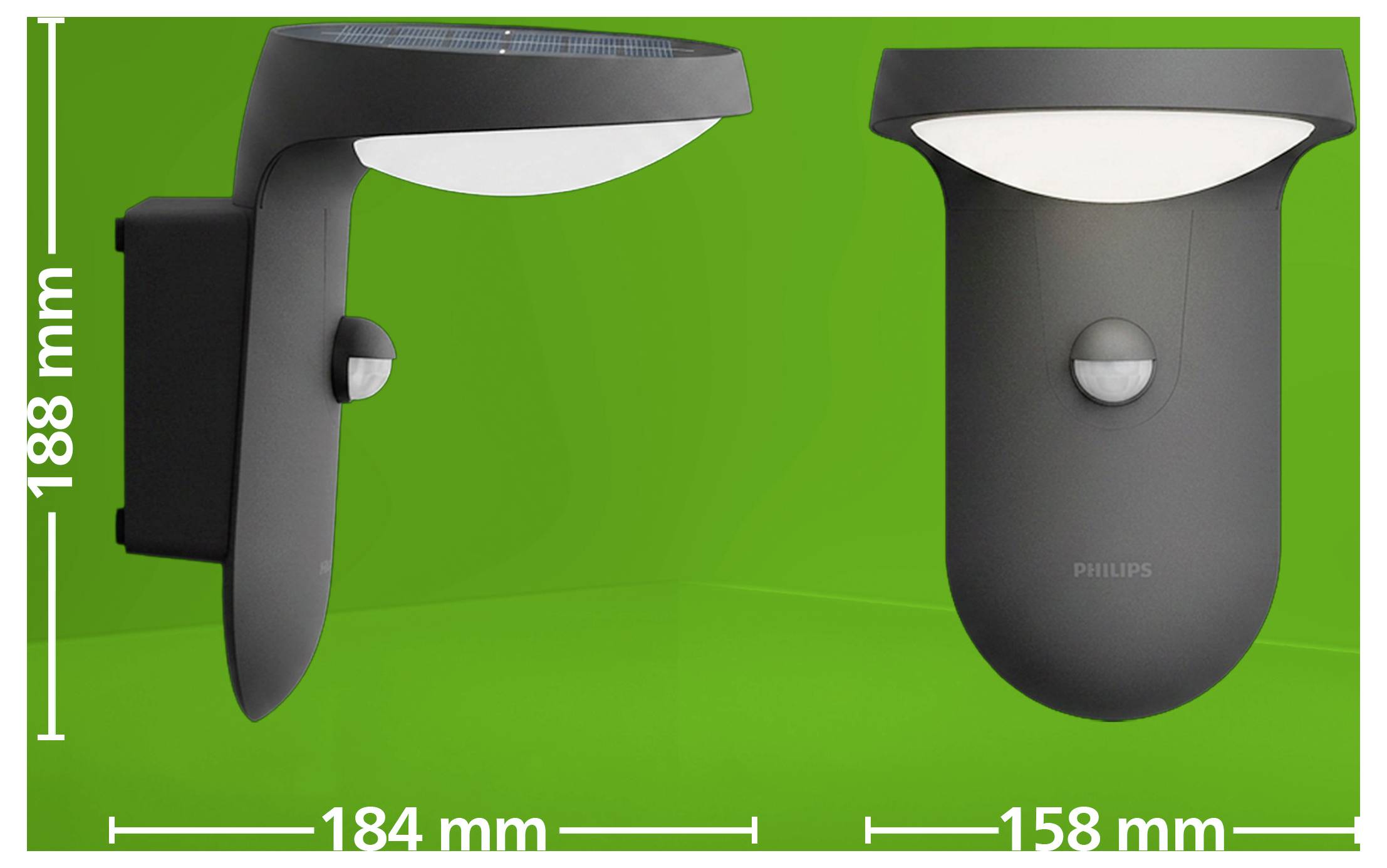 Produktový obrázek šedého nástěnného osvětlení Philips zobrazený zepředu a ze strany, s označenými rozměry 188 mm na výšku, 184 mm na šířku a 158 mm na šířku.