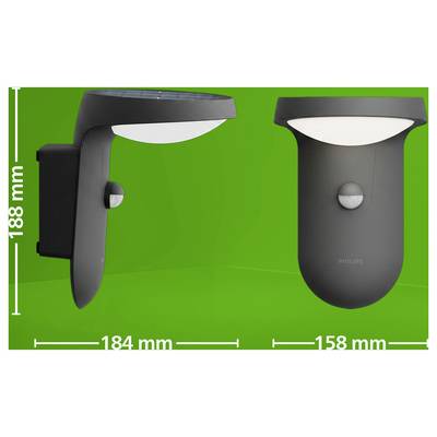 Produktový obrázek šedého nástěnného osvětlení Philips zobrazený zepředu a ze strany, s označenými rozměry 188 mm na výšku, 184 mm na šířku a 158 mm na šířku.