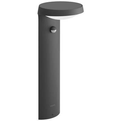 Šedé moderní venkovní osvětlení od Philips s kulatým stínidlem a integrovaným pohybovým senzorem na štíhlé tyči.