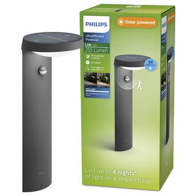 Solárně poháněné stojánové světlo Philips v balení, označené jako UltraEfficient, LED 1,2W, 255 lumenů a "Vydrží až 4 noci" na jednu nabití.