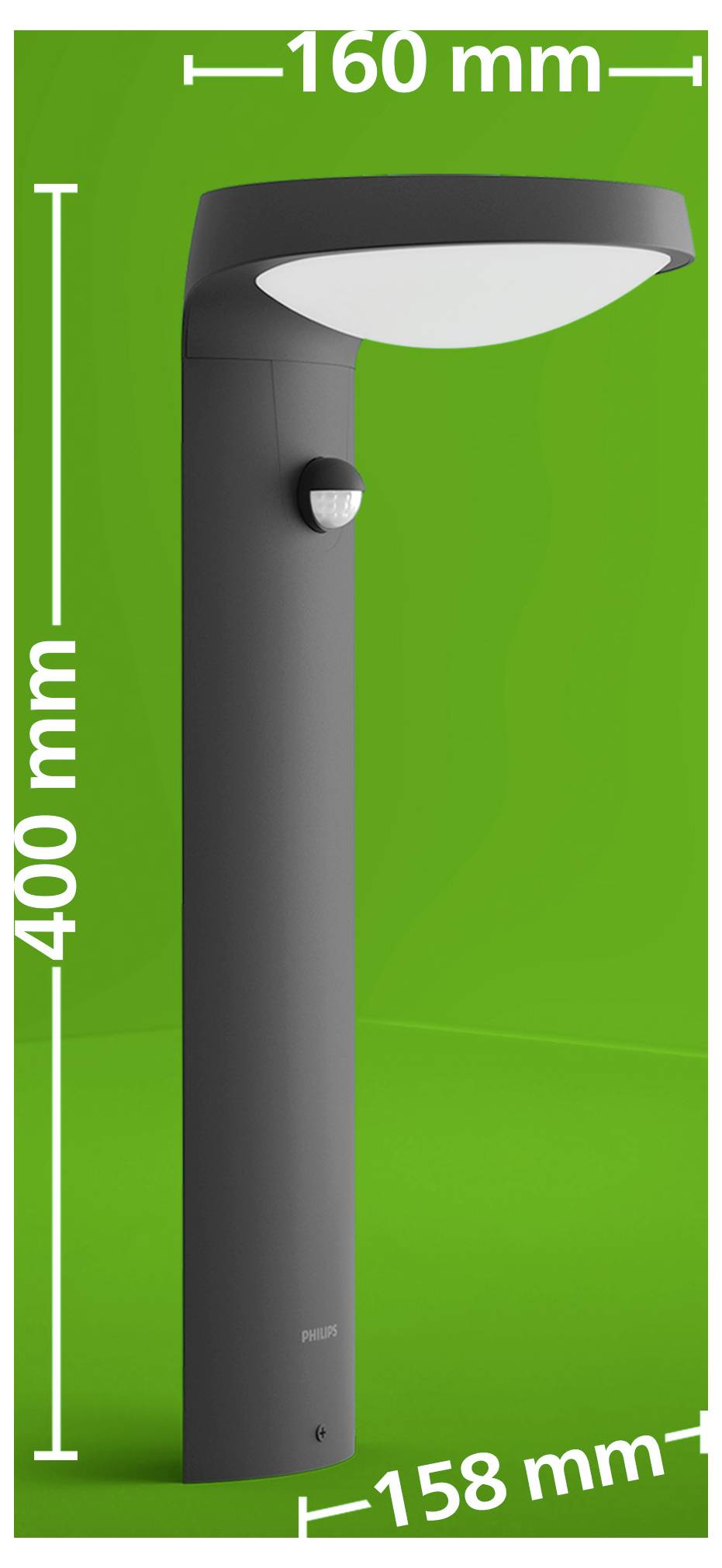 Vysoký černý venkovní svítidlo zobrazené na zeleném pozadí s rozměry 400 mm na výšku, 160 mm na šířku a 158 mm na hloubku.