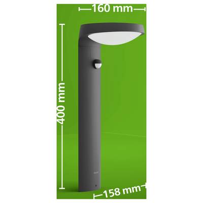 Vysoký černý venkovní svítidlo zobrazené na zeleném pozadí s rozměry 400 mm na výšku, 160 mm na šířku a 158 mm na hloubku.