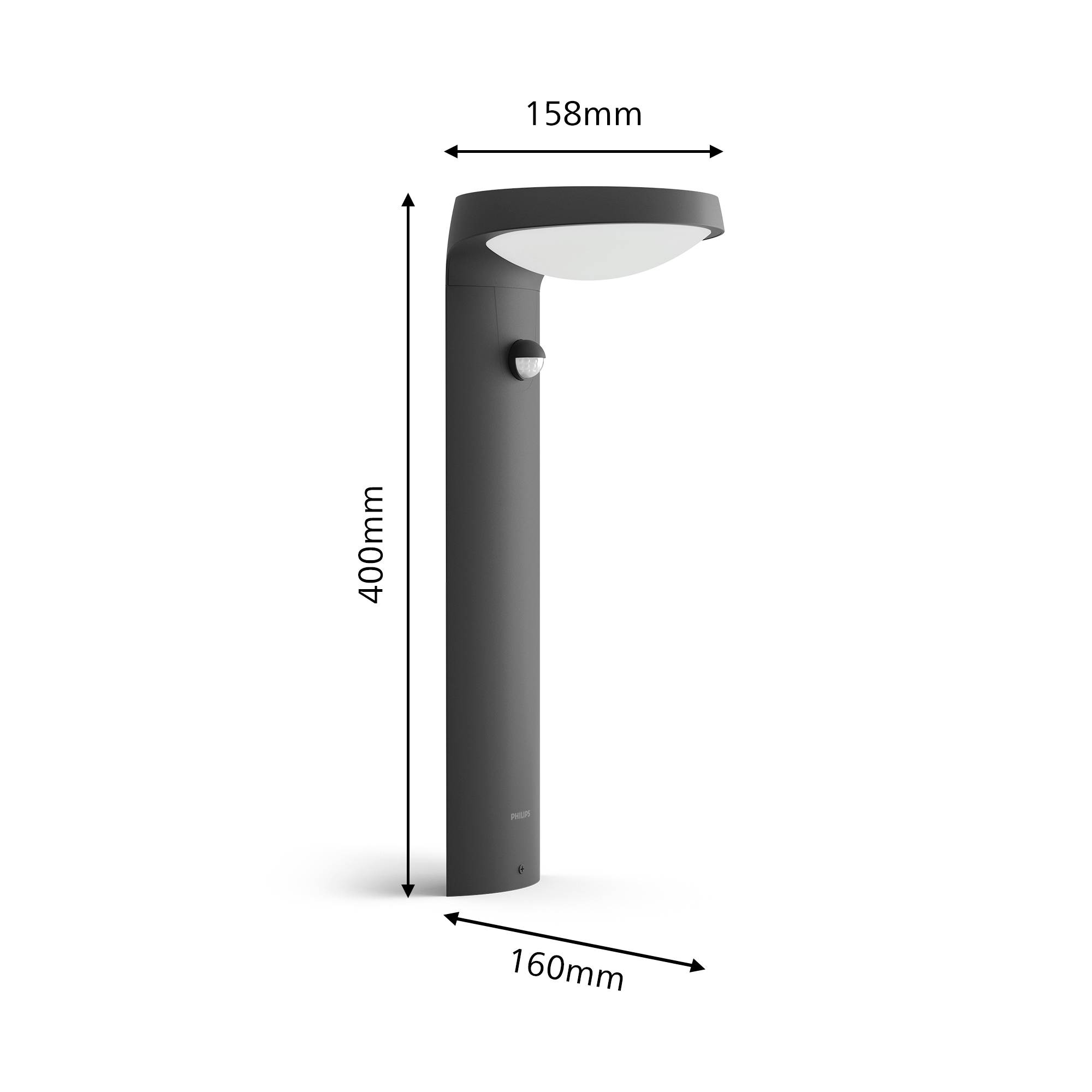 Stojací lampa s pohybovým senzorem, výška 400 mm, šířka 160 mm, průměr stínidla 158 mm. Černý design, minimalistický.
