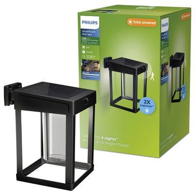 Solárně poháněné černé nástěnné světlo Philips a krabice produktu, označené "250 Lumen" a "2X jas", určené pro venkovní osvětlení.