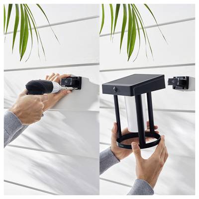 Osoba připevňuje černou solární nástěnnou lampu na bílý obklad pomocí vrtačky, poté ukazuje hotovou nainstalovanou lampu venku.