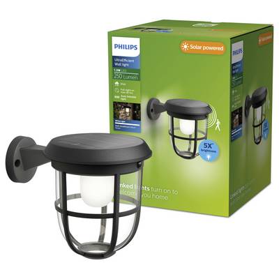 Solární nástěnné světlo Philips UltraEfficient poháněné sluncem, černé, s krabicovým balením s označením "250 Lumen" a "5X jas".