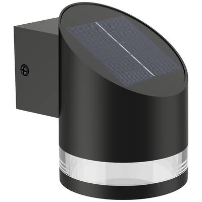 Černá solární lampa pro nástěnnou montáž s válcovitým designem a integrovaným solárním panelem.
